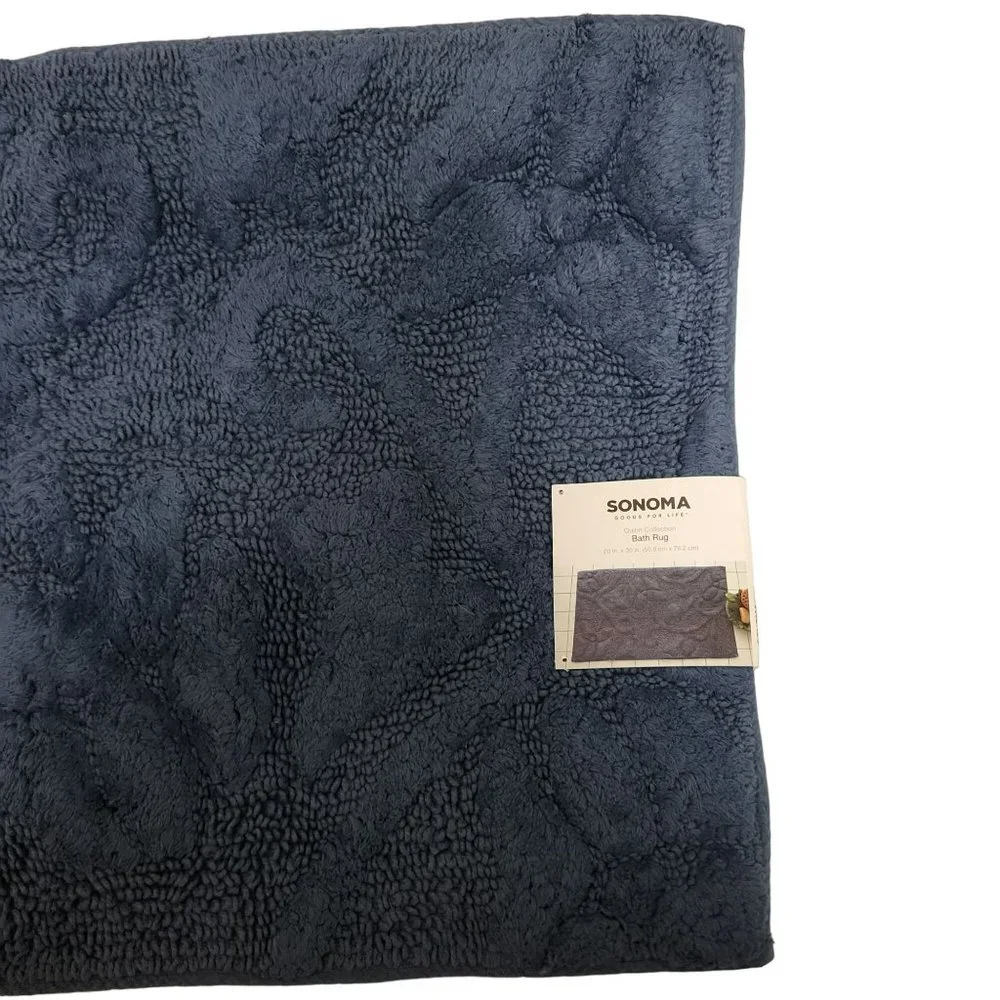 Sonoma Goods For Life Quinn Collection Bath Rug Navy Blue Paisley Inlay Pattern